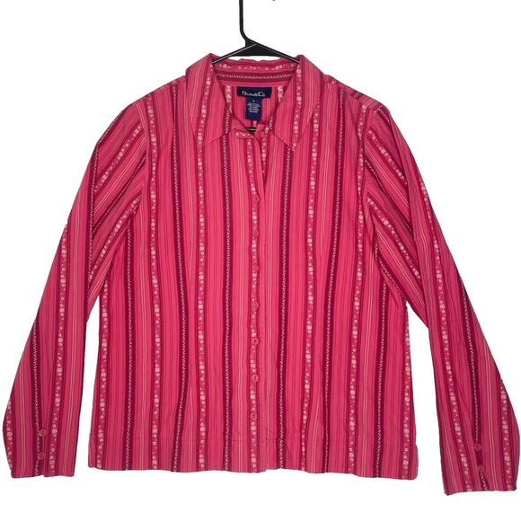 Denim&Co Tops - Y2K Boho Western Striped Shirt Small Pink Red Cotton Long Sleeve Retro Top